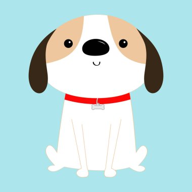 Köpek oturuyor. Kırmızı yakalı. Beyaz köpek köpeği. Sevimli karikatür kawaii komik bebek karakteri. Düz tasarım tarzı. Evsiz hayvan kavramına yardım et. Beni evlat edin. Evcil hayvan evlat edinme. Mavi arka plan. Izole.