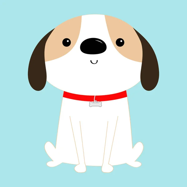 Ο σκύλος κάθεται. Κόκκινο κολάρο. Λευκό σκυλάκι. Χαριτωμένο στυλ καρτούν αστείο χαρακτήρα μωρού. Επίπεδη διακόσμηση. Βοηθήστε το άστεγο ζώο ιδέα. Υιοθετείστε με. Υιοθεσία κατοικίδιων. Μπλε φόντο. Απομονωμένες. — Διανυσματικό Αρχείο