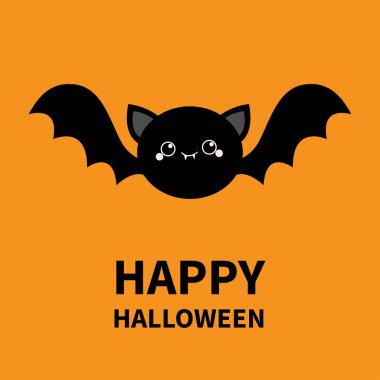 Cadılar Bayramınız Kutlu Olsun. Siyah yarasa uçan siluet simgesi. Büyük açık kanat, gözler, kulaklar ile sevimli karikatür yuvarlak bebek karakteri. Orman hayvanı. Düz tasarım. Turuncu arka plan. Izole. Tebrik kartı.