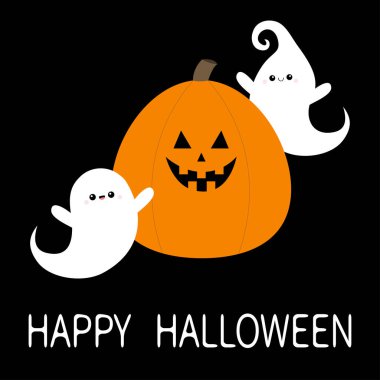 Mutlu Cadılar Bayramı İki uçan hayalet ruhu ve balkabağı seti. Komik ürpertici gülümseyen yüz. Sevimli karikatür kawaii bebek karakteri. Gözler, dişler. Tebrik kartı. Siyah arka plan. Izole. Düz tasarım.