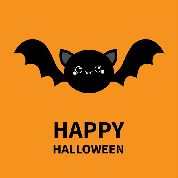 Feliz Halloween. Icono de silueta voladora de murciélago negro. Lindo personaje de dibujos animados ronda bebé con gran ala abierta, ojos, orejas. Animal del bosque. Diseño plano. Fondo naranja. Aislado. Tarjeta de felicitación . — Archivo Imágenes Vectoriales