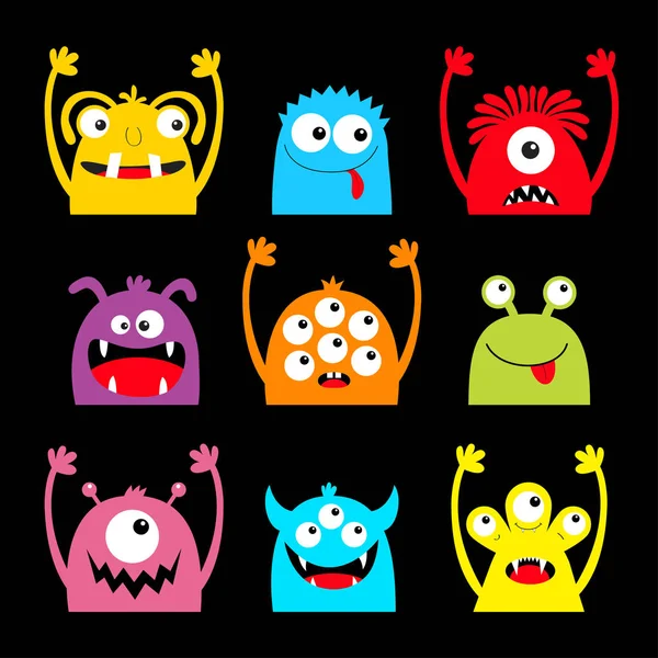 Mostro colorato silhouette testa faccia icona set. Occhi, lingua, zanna dei denti, mani in alto. Carino cartone animato kawaii personaggio divertente bambino spaventoso. Buon Halloween. Fondo nero. Design piatto . — Vettoriale Stock