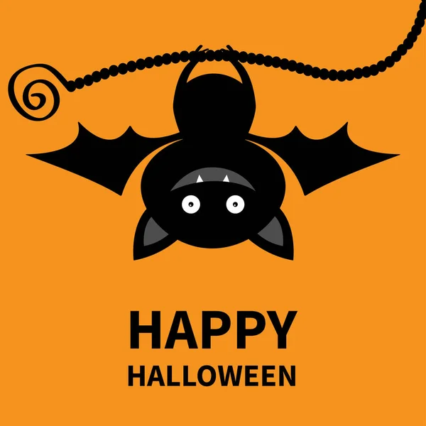 Счастливого Хэллоуина. Летучая мышь. Симпатичный мультик - забавный детский персонаж с распростертыми крыльями. Черный силуэт. Лесное животное. Плоский дизайн. Оранжевый Изолирована. Открытка . — стоковый вектор