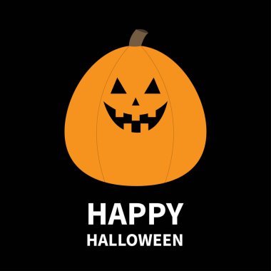 Kabak. Cadılar Bayramınız Kutlu Olsun. Komik ürpertici gülümseyen yüz. Sevimli karikatür kawaii bebek karakteri. Gözler, dişler. Tebrik kartı. Siyah arka plan. Izole. Düz tasarım.