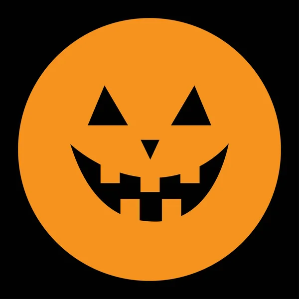 Icono redondo de calabaza. Emoción sonriente. Ojos triangulares, ratón sonriente, dientes. Feliz Halloween. Lindo personaje divertido bebé de dibujos animados. Tarjeta de felicitación. Fondo negro. Diseño plano . — Archivo Imágenes Vectoriales