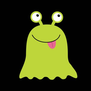 Canavar yeşil yuvarlak siluet. İki göz, kırmızı dil. Sevimli karikatür kawaii korkunç komik karakter. Bebek koleksiyonu. Cadılar Bayramınız Kutlu Olsun. Siyah arka plan. Izole. Düz tasarım.