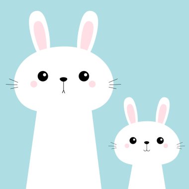 İki tavşan tavşan seti. Sonsuza kadar arkadaşlar. Sevimli karikatür kawaii komik bebek çocuk karakter. Mutlu Paskalyalar. Çiftlik hayvanı. Mavi pastel arka plan. Düz tasarım.