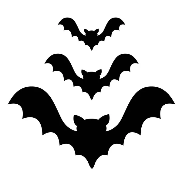 Ensemble d'icône de silhouette noire volant à trois chauves-souris. Bébé personnage de dessin animé mignon avec grande aile ouverte. Joyeux Halloween. Animal forestier. Design plat. Fond blanc. Isolé. Carte de voeux . — Image vectorielle