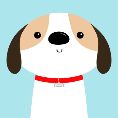 Köpek surat lı kafa. Kırmızı yakalı. Beyaz köpek köpeği. Sevimli karikatür kawaii komik bebek karakteri. Düz tasarım tarzı. Evsiz hayvan kavramına yardım et. Beni evlat edin. Evcil hayvan evlat edinme. Mavi arka plan. Izole.