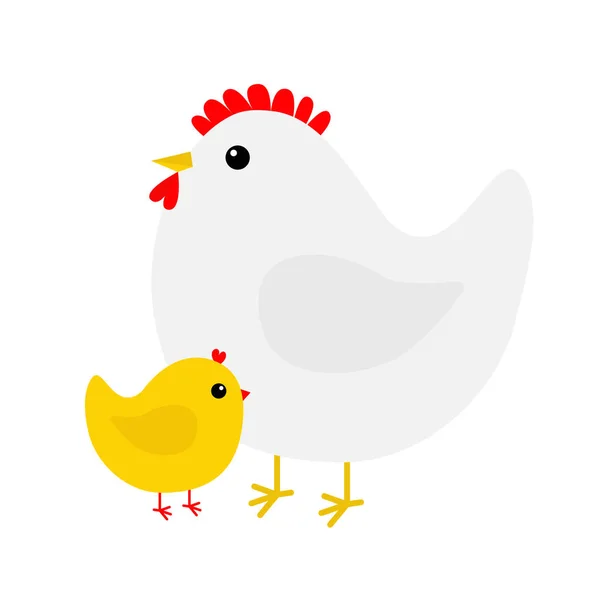 Tyúk és csirke madár ikonra. Anya és csecsemőt. Kellemes húsvéti ünnepeket. Aranyos rajzfilm vicces Kawaii csaj karakter. Lapos kialakítás. Üdvözlőlap. Sárga szín. Fehér háttér. Elszigetelt. — Stock Vector