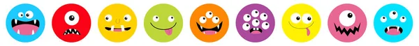 Monster hoofdlijn icon set. Ronde kop. Boo Spooky schreeuwen glimlachen triest gezicht emotie. Happy Halloween kaart. Drie ogen, tong, tanden Fang, muis. Vlakke ontwerp stijl. Witte achtergrond. — Stockvector