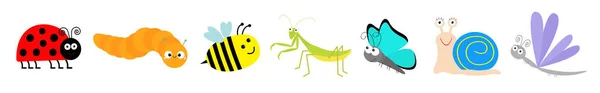 Leuke cartoon insect set lijn. Mantis, lieveheersbeestje, Ladybird, Bee, Dragonfly, Butterfly, Caterpillar, slak. Witte achtergrond. Geïsoleerd. — Stockvector