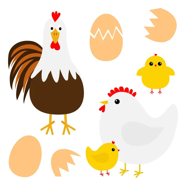 Hen Rooster cock Chicken broken cracked egg bird icon set. Happy Easter. Cute cartoon funny kawaii baby chick character. Flat design. Greeting card. Yellow color. White background. Isolated. — Stock Vector