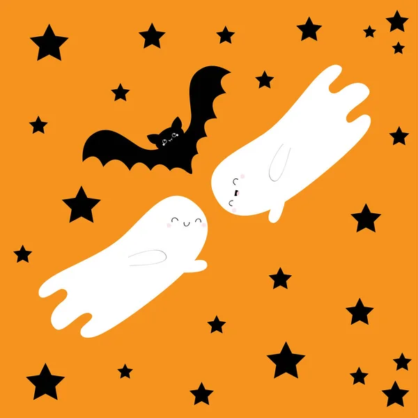 Dva létající netopýří duch. Silueta černých hvězd. Veselý halloween. Roztomilý kreslený postava s velkým křídlem. Plochý design. Oranžové pozadí. Izolované. — Stockový vektor