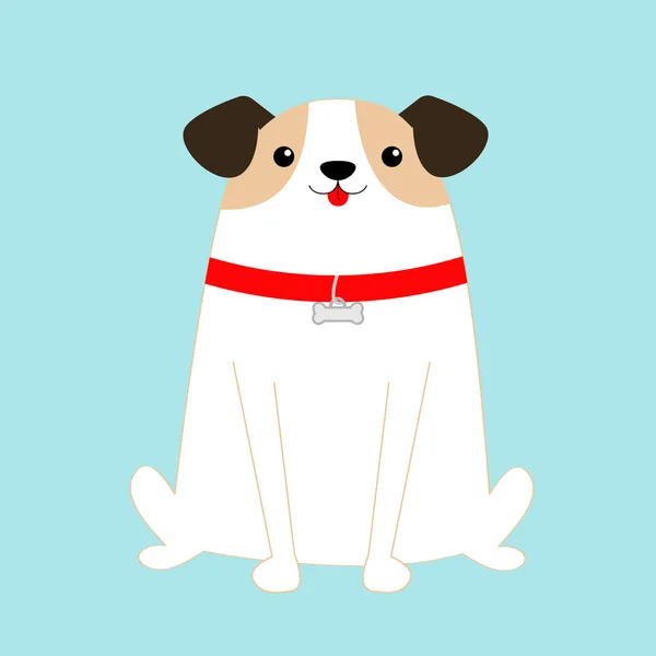 Chien assis. Un chiot blanc. Colonne rouge. Mignon personnage de dessin animé kawaii bébé drôle. Style design plat. Aider les animaux sans abri concept. Adoptez-moi. Adoption d'animaux domestiques. Fond bleu. Isolé . — Image vectorielle