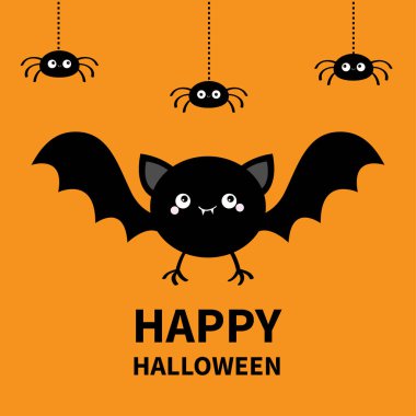 Happy Halloween. Bat, spider set flying. Cute cartoon kawaii funny round baby character with open wings. Black silhouette. Forest animal. Flat design. Orange background. Isolated. Greeting card. clipart