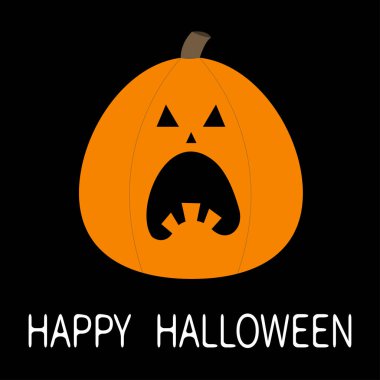 Kabak. Cadılar Bayramınız Kutlu Olsun. Komik ürpertici çığlık yüz. Sevimli karikatür kawaii bebek karakteri. Gözler, dişler. Tebrik kartı. Siyah arka plan. Izole. Düz tasarım.