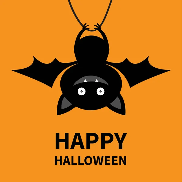 Feliz Halloween. Murciélago colgante. Lindo personaje de dibujos animados kawaii bebé divertido con alas abiertas. Silueta negra. Animal del bosque. Diseño plano. Fondo naranja. Aislado. Tarjeta de felicitación . — Vector de stock