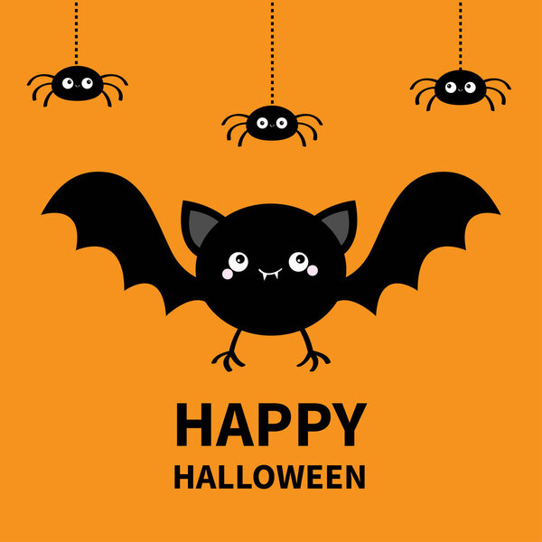 Happy Halloween. Bat, spider set flying. Cute cartoon kawaii funny round baby character with open wings. Black silhouette. Forest animal. Flat design. Orange background. Isolated. Greeting card.