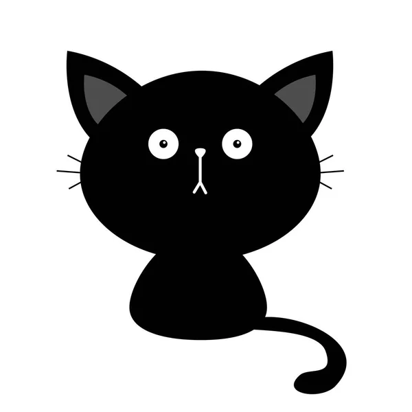 Черный милый сидящий котенок силуэт котенка. Кавайское животное. Персонаж мультяшной кошечки. Забавное лицо с глазами, усами, носом, большими ушами. Люблю поздравительные открытки. Плоский дизайн. Белый фон изолированный . — стоковый вектор