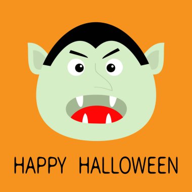 Cadılar Bayramınız Kutlu Olsun. Kont Drakula'nın kafası. Dişleri ile sevimli karikatür kawaii vampir karakteri. Büyük ağız, dil. Bebek tebrik kartı. Düz tasarım. Turuncu arka plan. Izole.