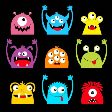 Cadılar Bayramınız Kutlu Olsun. Canavar simgesi seti. Renkli siluet baş yüz. Gözler, dil, diş dişleri, eller yukarı. Sevimli karikatür kawaii korkunç komik bebek karakteri. Siyah arka plan. Düz tasarım.