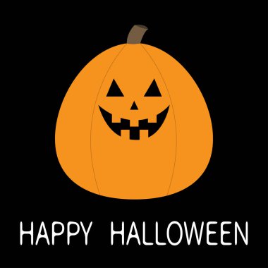 Mutlu Cadılar Bayramı balkabağı. Komik ürpertici gülümseyen yüz. Sevimli karikatür kawaii bebek karakteri. Gözler, dişler. Tebrik kartı. Siyah arka plan. Izole. Düz tasarım.