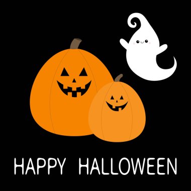 Mutlu Cadılar Bayramı İki kabak ve hayalet ruhu seti. Komik ürpertici gülümseyen yüz. Sevimli karikatür kawaii bebek karakteri. Gözler, dişler. Tebrik kartı. Siyah arka plan. Izole. Düz tasarım.