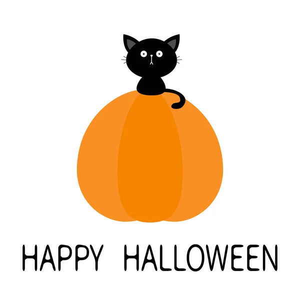 Gatto nero seduto sulla zucca. Carino cartone animato kawaii personaggio bambino divertente. Buon Halloween. Biglietto d'auguri. Sfondo bianco. Isolato. Design piatto . — Vettoriale Stock