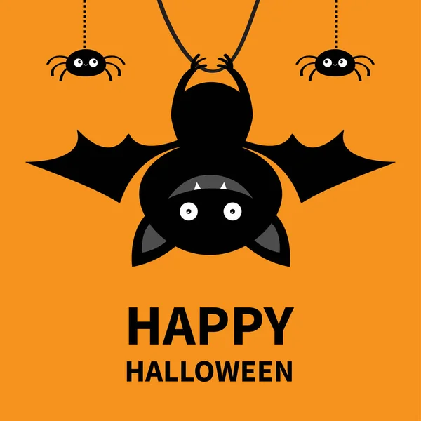 Χαρούμενο χελοουγουίν. Κρέμασμα νυχτερίδας και αράχνης. Χαριτωμένο στυλ καρτούν αστείο χαρακτήρα μωρού με ανοιχτές φτερούγες. Μαύρη σιλουέτα. Ζώο του δάσους. Επίπεδη σχεδίαση. Πορτοκαλί φόντο. Απομονωμένες. Ευχετήρια κάρτα. — Διανυσματικό Αρχείο