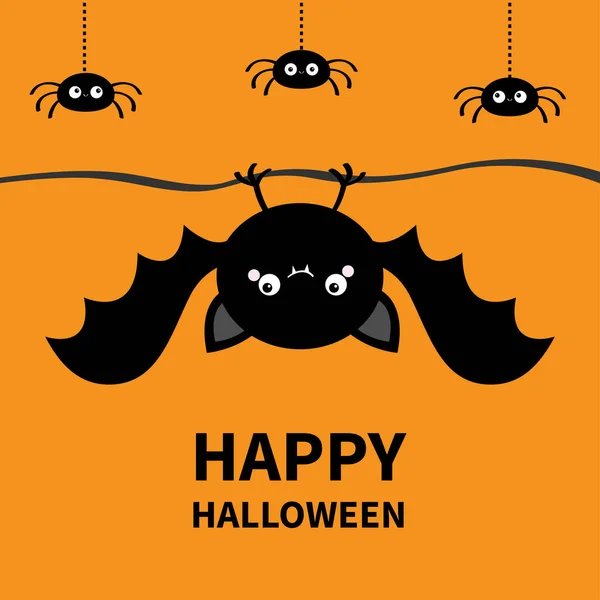 Feliz Halloween. Murciélago, conjunto de arañas colgando. Lindo personaje de dibujos animados kawaii divertido bebé redondo con alas abiertas. Silueta negra. Animal del bosque. Diseño plano. Fondo naranja. Aislado. Tarjeta de felicitación . — Vector de stock