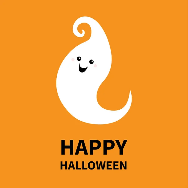 Flying ghost spirit. Happy Halloween. Boo. Scary white ghosts. Cute cartoon spooky character. Smiling face, curl hair. Orange background Greeting card. Flat design. — Stock Vector