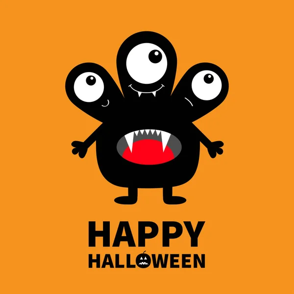 Fröhliches Halloween. Monster schwarze Silhouette. Drei Augen, Zahnzunge, Hände. niedlichen Karikatur kawaii beängstigend lustige Figur. Babykollektion. Orange Hintergrund. Vereinzelt. flache Bauweise. — Stockvektor