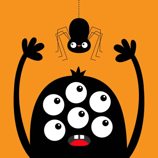 Szörny fej fekete sziluett. Hat szem, fogak, nyelv, kezek fel. Akasztópók. Aranyos Kawaii rajzfilm vicces karakter. Gyerekkollekció. Boldog Halloweent! Lapos kialakítás. Narancs háttér. — Stock Vector