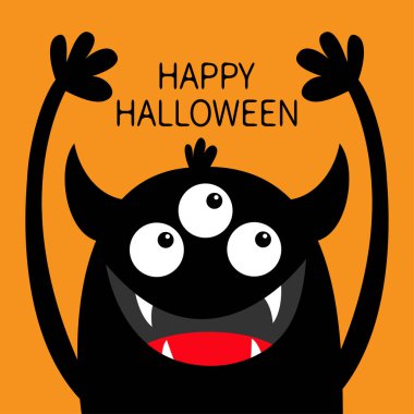 Mutlu Cadılar Bayramı. Canavar kafalı siyah siluet. Üç göz, dişler, boynuzlar, eller yukarı. Şirin kawaii çizgi film karakteri. Bebek koleksiyonu. Düz dizayn. İzole edilmiş. Turuncu arkaplan.