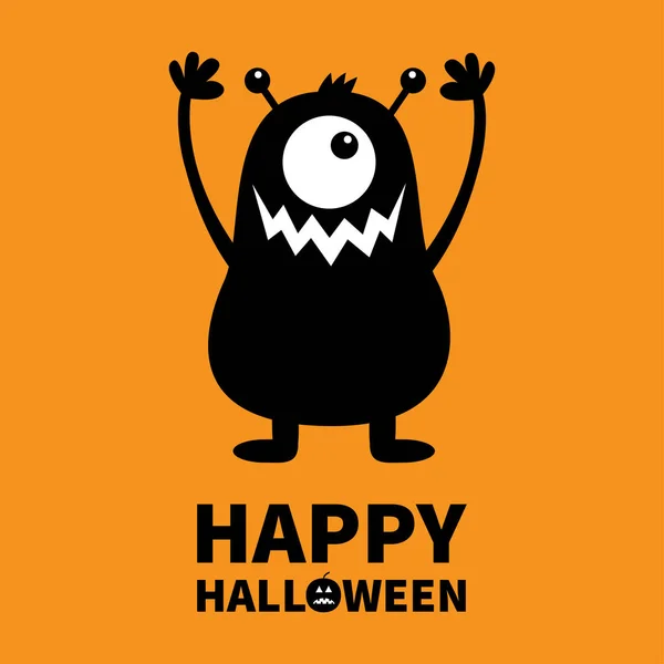 Fröhliches Halloween. Monster schwarze Silhouette. niedlichen Karikatur kawaii beängstigend lustige Figur. Babykollektion. Ein Auge, Zähne, Hände, Hörner, Haare. Orange Hintergrund. Vereinzelt. flache Bauweise. — Stockvektor