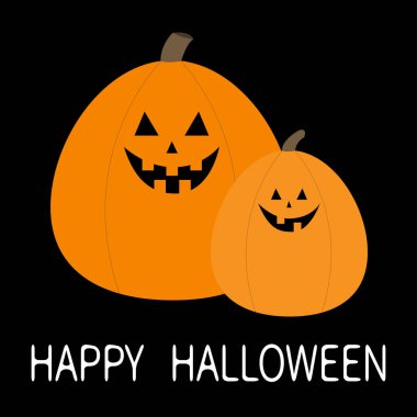 Mutlu Cadılar Bayramı balkabağı seti. Komik, ürkütücü, gülen surat. Tatlı çizgi film kawaii bebek karakteri. Gözler, dişler. Tebrik kartı. Siyah arka plan. İzole edilmiş. Düz tasarım.