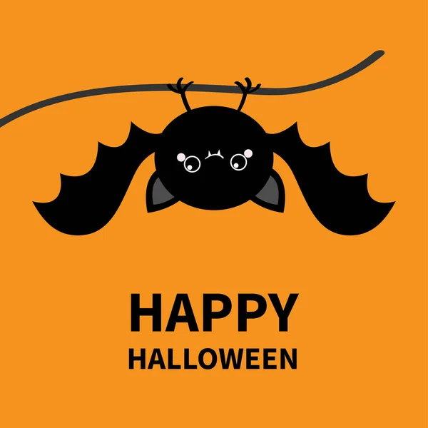 Šťastný Halloween. Pověšení na netopýra. Roztomilý karikatura kawaii legrační kolo baby postava s otevřenými křídly. Černá silueta. Lesní zvíře. Plochý. Pomerančové pozadí. Izolovaný. Pozdrav. — Stockový vektor