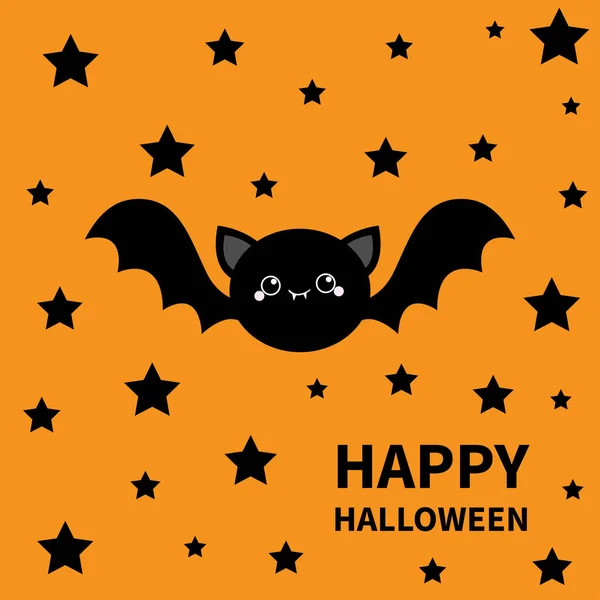 Šťastný Halloween. Černá netopýr létající hvězdy silueta ikona. Roztomilá kreslená postavička s velkým otevřeným křídlem, očima, ušima. Lesní zvíře. Plochý. Pomerančové pozadí. Izolovaný. Pozdrav. — Stockový vektor