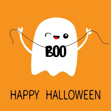 Mutlu Cadılar Bayramı. Boo mesajı tutan uçan hayalet ruhu. Korkunç beyaz hayaletler. Şirin çizgi film kawaii ürkütücü karakter. Gülen yüz, göz kırpan göz, eller. Düz dizayn. Turuncu arkaplan.