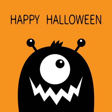 Mutlu Cadılar Bayramı. Canavar kafalı siyah siluet. Tek göz, dişlek ağız, boynuzlar. Şirin kawaii çizgi film karakteri. Bebek koleksiyonu. İzole edilmiş. Turuncu arka plan. Düz tasarım.