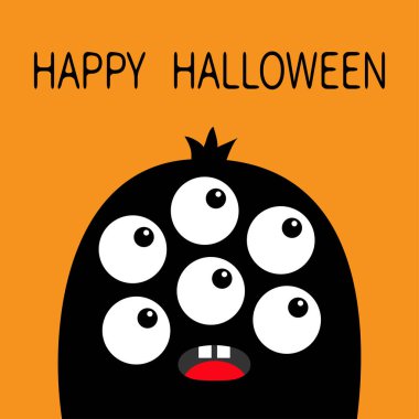 Mutlu Cadılar Bayramı. Canavar kafalı siyah siluet. Altı göz, diş, dil. Şirin kawaii çizgi film karakteri. Bebek koleksiyonu. İzole edilmiş. Turuncu arka plan. Düz tasarım.