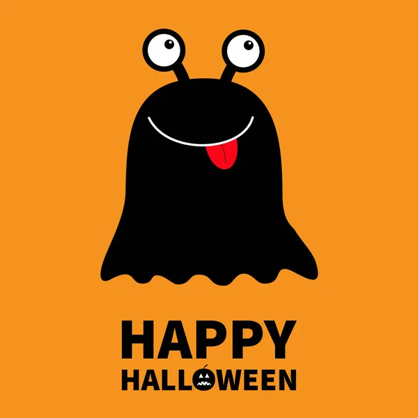 Feliz Halloween. Monstruo negro silueta redonda. Dos ojos, lengua roja. Lindo personaje divertido de dibujos animados kawaii miedo. Colección de bebés. Fondo naranja. Aislado. Diseño plano . — Vector de stock