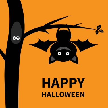 Mutlu Cadılar Bayramı. Ağaçta asılı yarasa. Açık kanatlı, kulaklı, bacaklı şirin bir çizgi film karakteri. İçi boş. Siyah siluet. Orman hayvanı. Düz dizayn. Turuncu arkaplan izole edildi.