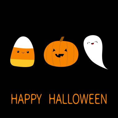 Mısır şekeri, balkabağı, yüzlü hayalet ruhu. Şirin çizgi film kawaii komik bebek karakter seti. Mutlu Cadılar Bayramı kartları. Düz dizayn. Siyah arka plan. İzole edilmiş.