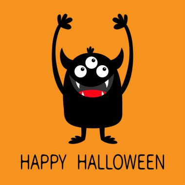 Mutlu Cadılar Bayramı. Canavar siyah siluet simgesi. Üç göz, dişler, boynuzlar, yuhalama eller yukarı. Şirin kawaii çizgi film karakteri. Bebek koleksiyonu. Turuncu arka plan. İzole edilmiş. Düz tasarım.