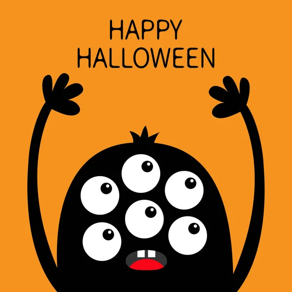 Happy Halloween. Monster head black silhouette. Six eyes, teeth, tongue, hands up. Cute kawaii cartoon funny character. Baby kids collection. Flat design. Orange background. Isolated. — Stock Vector