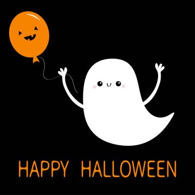 Mutlu Cadılar Bayramı. Uçan hayalet bebek balon tutuyor. Yuh! Tatlı çizgi film, beyaz, korkunç, ürkütücü karakter. Gülümseyen yüz, eller. Siyah arka plan. Tebrik kartı. Düz tasarım.