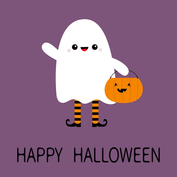 Happy Halloween. Child kid wearing ghost spirit costume. Pumpkin bag. Trick or treat. Funny creepy smiling face. Cute cartoon kawaii baby character. Eyes, teeth. Violet background. Flat design. — Stock Vector