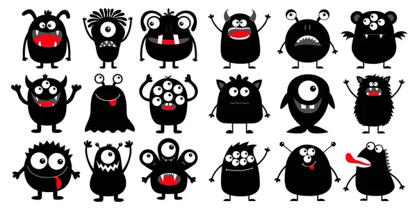 Monster schwarze Silhouette Super Big Icon Set. fröhliches Halloween. Augen, Zunge, Zahn, Hände hoch. niedlichen Karikatur kawaii beängstigend lustige Babyfigur. weißer Hintergrund. flache Bauweise. — Stockvektor
